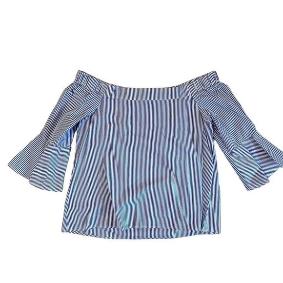 Cupio Womens Stripe Off-Shoulder Blouse Large Blue Bell Sleeve Nautical Preppy - Picture 2 of 6